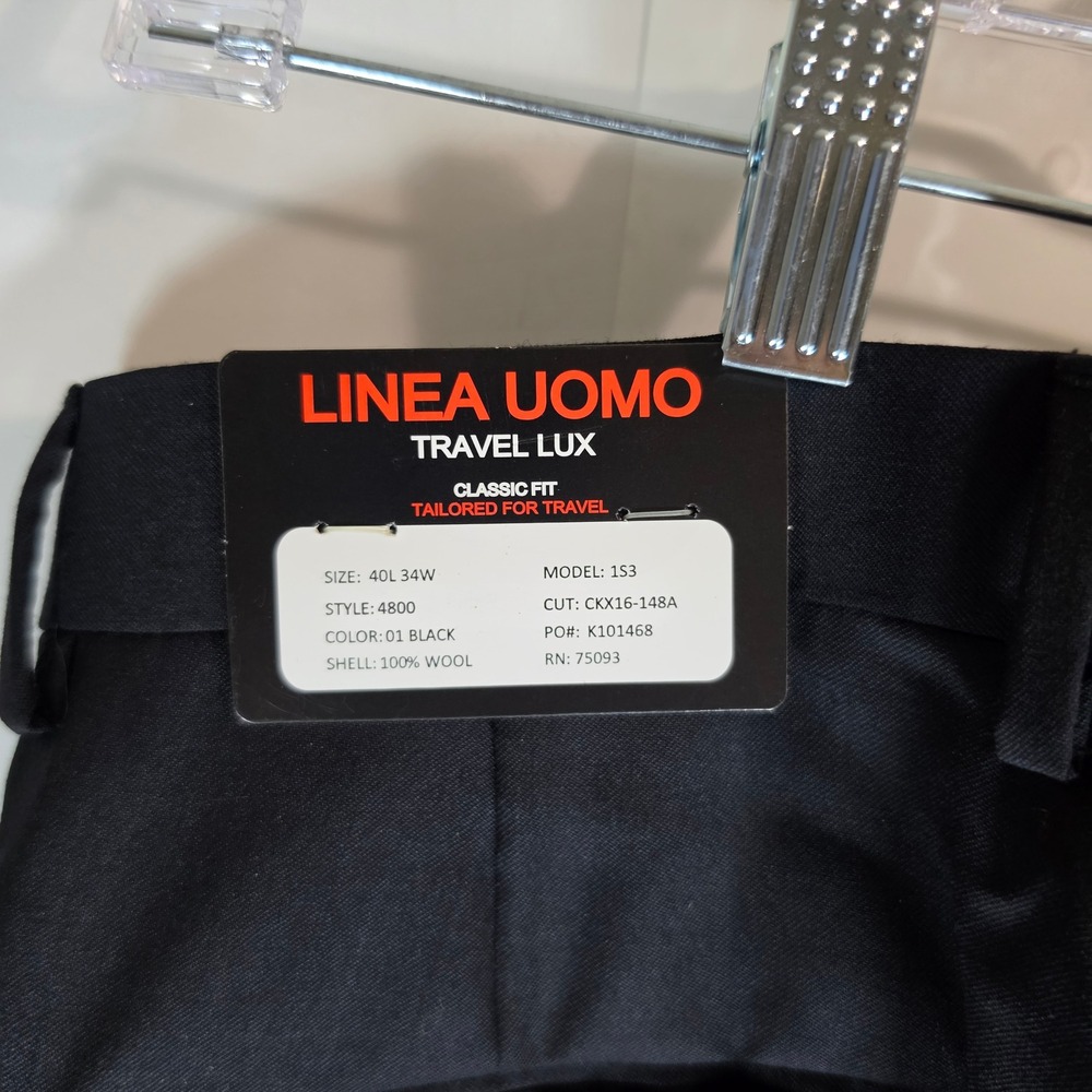 Linea Uomo Travel Lux Pants Mens 34W 40L Black 100% Wool NWT Dress Slacks 1S3 - Picture 2 of 6